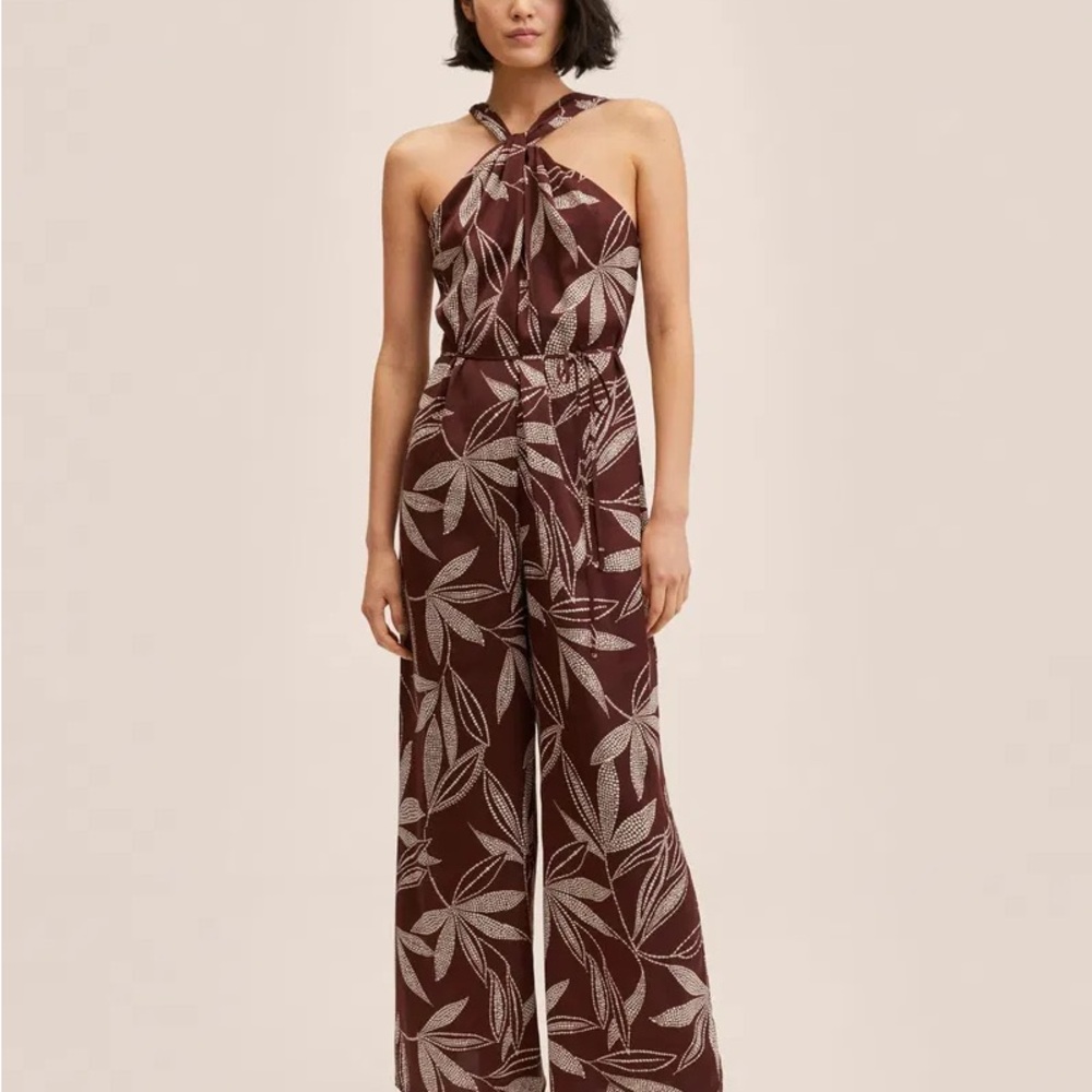 Mango Brown Leaf Pattern Jumpsuit- satin